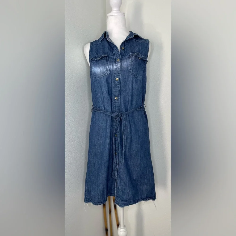 Universal Thread Blue Button Sleeveless Down Raw Hem Denim Dress XSmall Casual - Picture 4 of 11